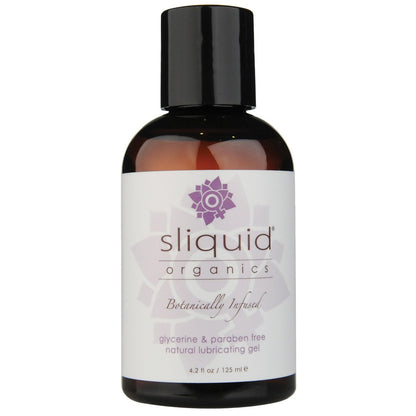 A 4.2 fl oz (125 ml) bottle of Sliquid Organics Natural Gel by Sliquid features a white label with a purple logo. This vegan-friendly, glycerine and paraben-free gel offers a creamy texture.
