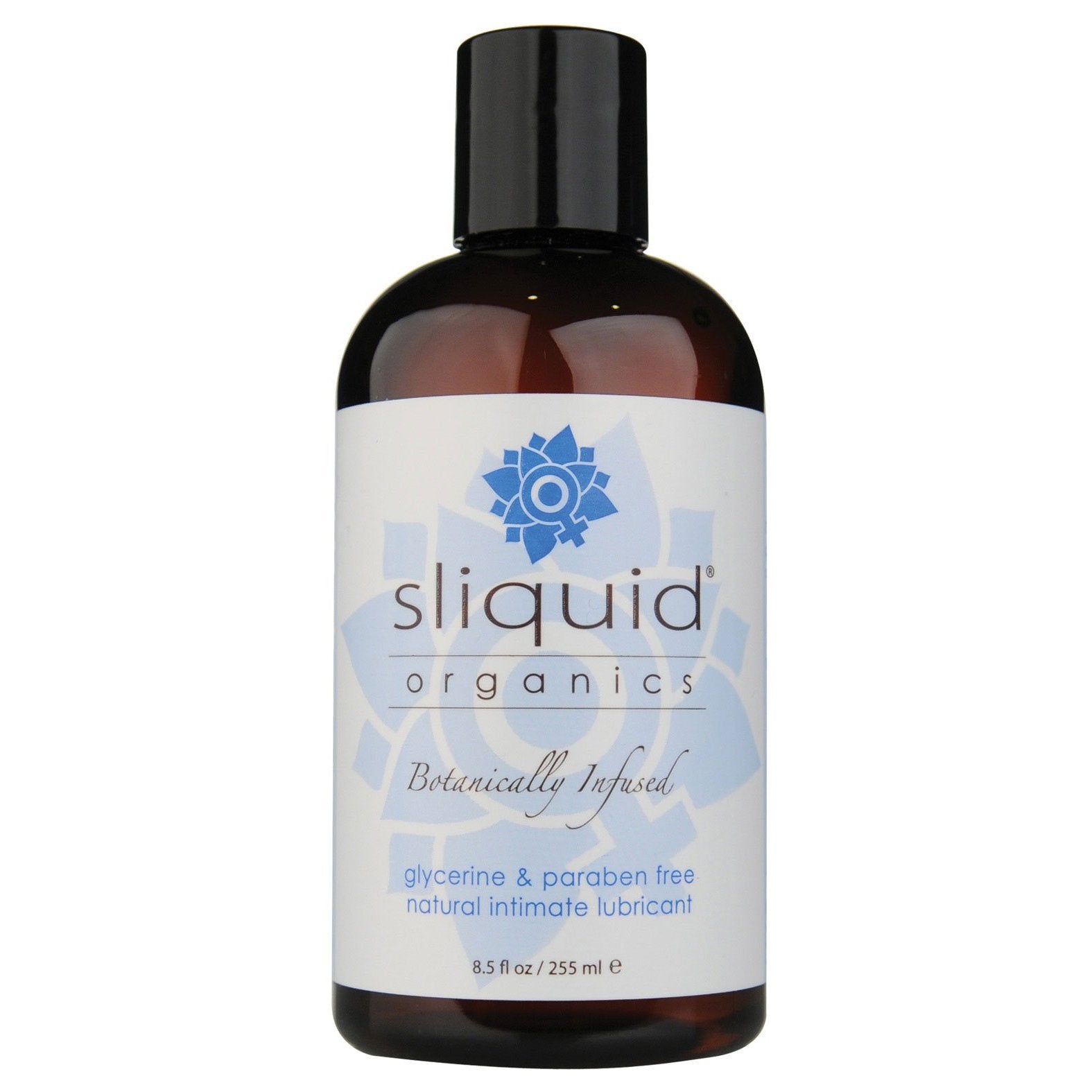 An 8.5 fl oz (255 ml) bottle of Sliquid Organics Natural Intimate Lubricant, a vegan-friendly, water-based lube by Sliquid, is glycerine and paraben-free.