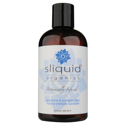 An 8.5 fl oz (255 ml) bottle of Sliquid Organics Natural Intimate Lubricant, a vegan-friendly, water-based lube by Sliquid, is glycerine and paraben-free.