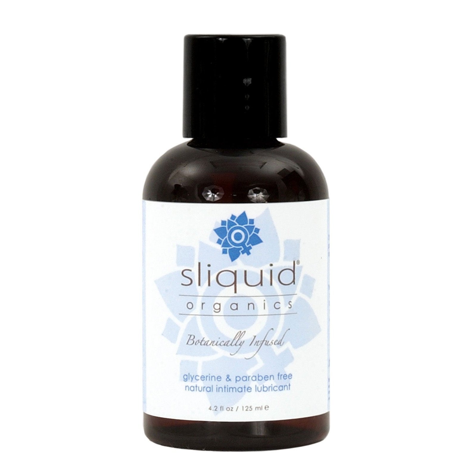 The Sliquid Organics Natural Intimate Lubricant is a vegan-friendly, water-based lube that is glycerine and paraben-free, with a 4.2 oz (125 ml) capacity. It comes with a blue floral design label.