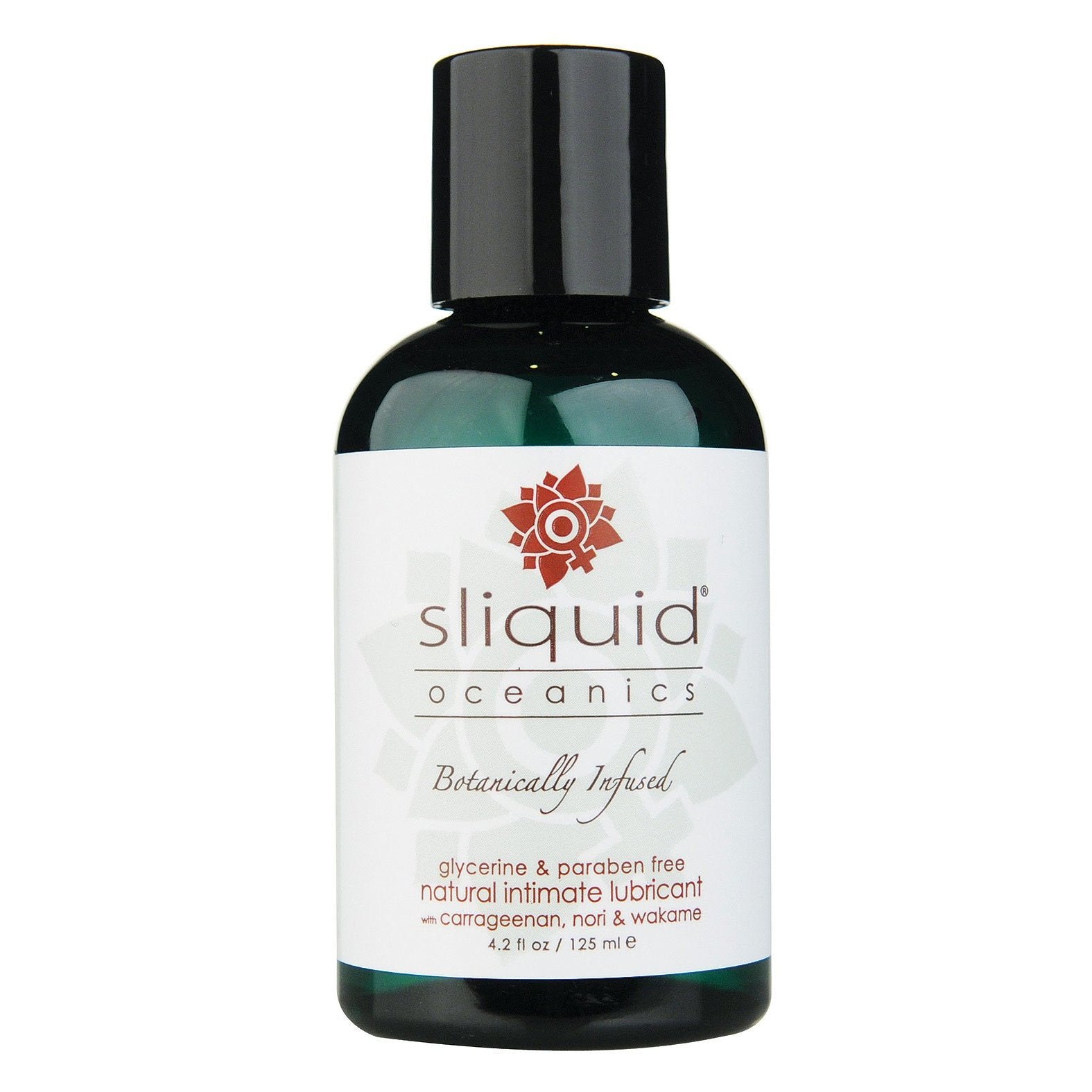A 4.2 fl oz (125 ml) bottle of Sliquid Organics Oceanics Lubricant is infused with ocean botanicals like carrageenan, nori, and wakame. The vegan-friendly formula is glycerine- and paraben-free, featuring the Sliquid brand logo on its label.