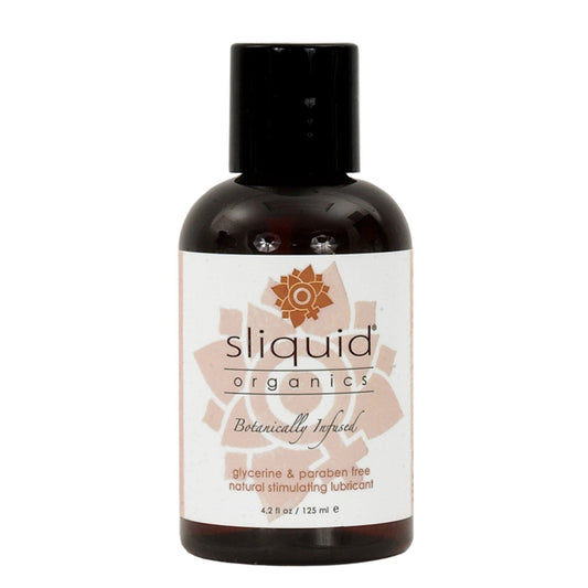 A 4.2 fl. oz. bottle of Sliquid Organics Sensation by Adams Toy Box, featuring a brown label with a floral design. This vegan-friendly lubricant is glycerine- and paraben-free and botanically infused.