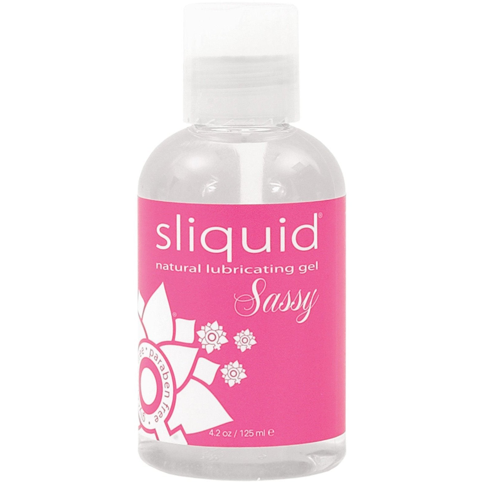 A 4.2 oz (125 ml) clear bottle of Sliquid Sassy Anal Gel Glycerine & Paraben Free, from the brand Sliquid, featuring a pink label with a white floral design, is ideal for anal use.