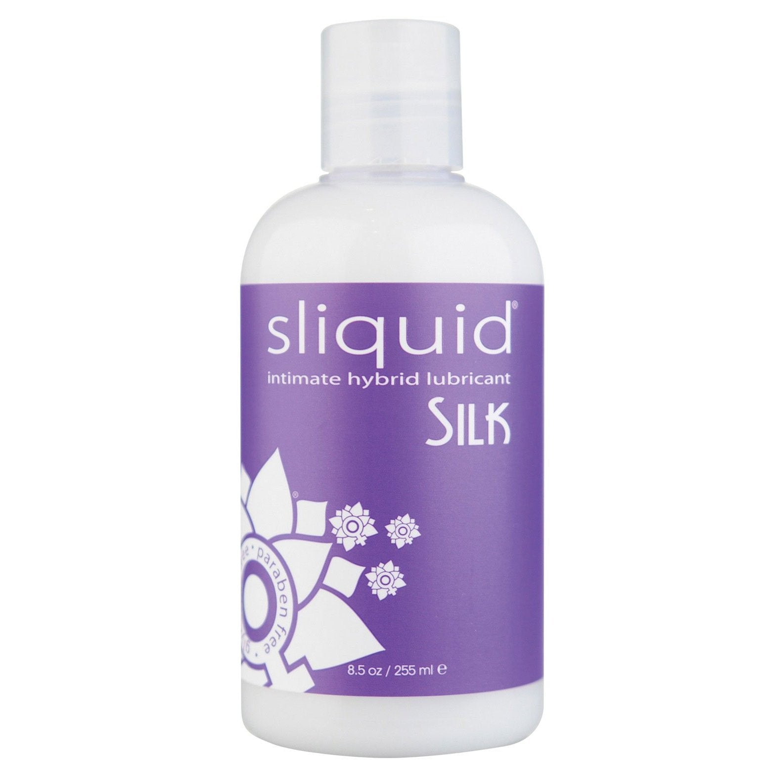 An 8.5 oz Sliquid Silk Hybrid Lube from Adams Toy Box, featuring glycerine and paraben-free formula in a purple bottle with floral graphics, delivering a smooth experience through its blend of long-lasting silicone and water-based lubricant.