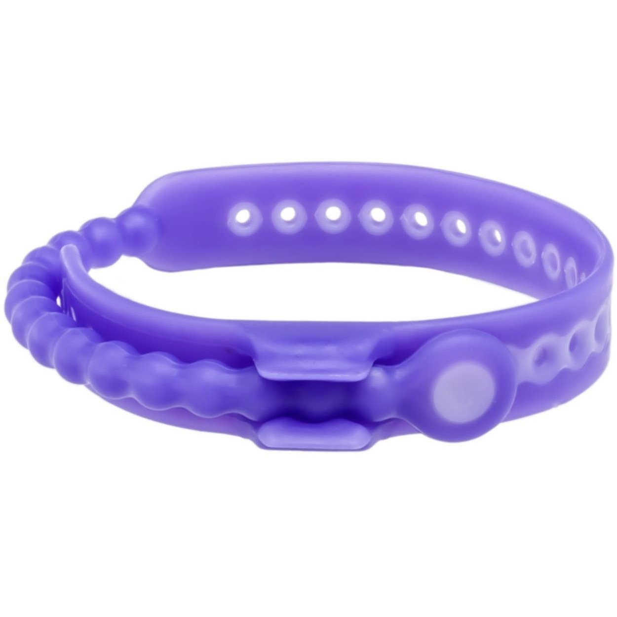 The Speed Shift 17 Adjustments Cock Ring by Perfect Fit is a purple, flexible silicone bracelet with an adjustable button-style clasp and textured design. Designed for lasting pleasure, it features multiple holes to ensure perfect sizing.