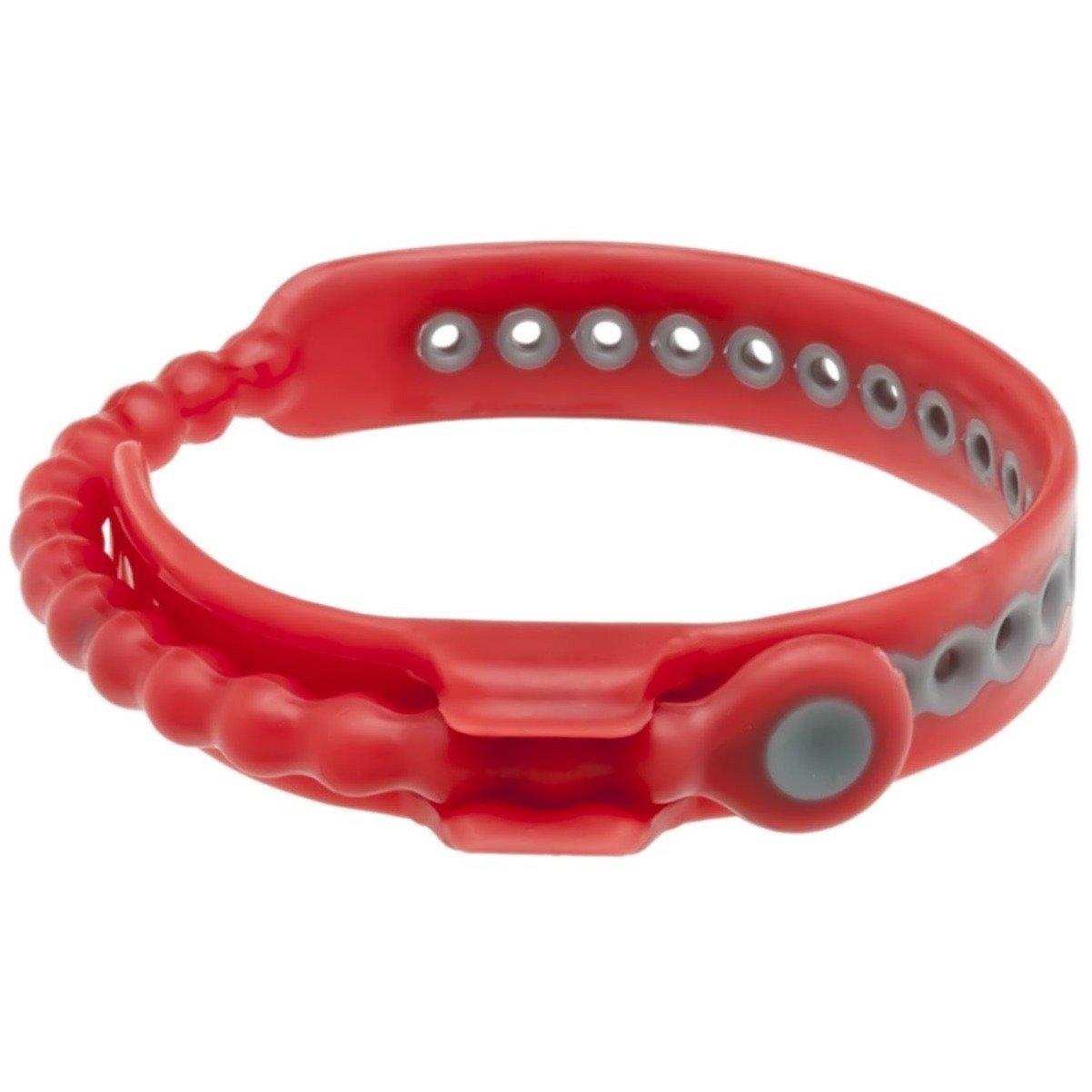 The Speed Shift 17 Adjustments Cock Ring by Perfect Fit is a red silicone wristband with gray accents, offering multiple adjustable holes for long-lasting pleasure.