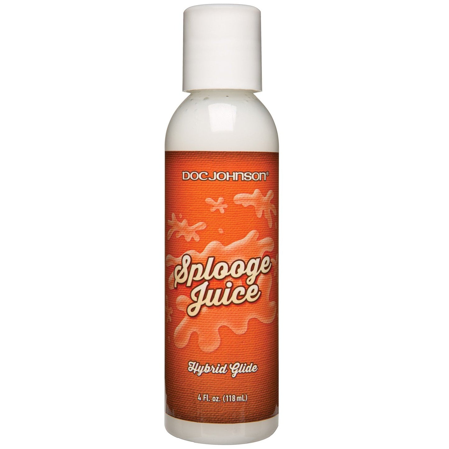 The Splooge Juice - Realistic Squirting Cum, by Doc Johnson, has a faux cum formula in a 4 fl oz (118 mL) bottle. It features a white cap with an orange label adorned with white text and splash patterns.