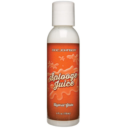 The Splooge Juice - Realistic Squirting Cum, by Doc Johnson, has a faux cum formula in a 4 fl oz (118 mL) bottle. It features a white cap with an orange label adorned with white text and splash patterns.