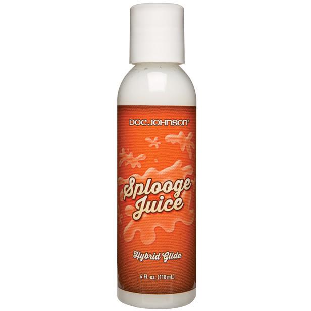 Doc Johnsons Splooge Juice lubricant, labeled Realistic Squirting Cum, features a faux cum formula in a 4 fl oz (118 mL) size with a white cap and an orange background in playful font.