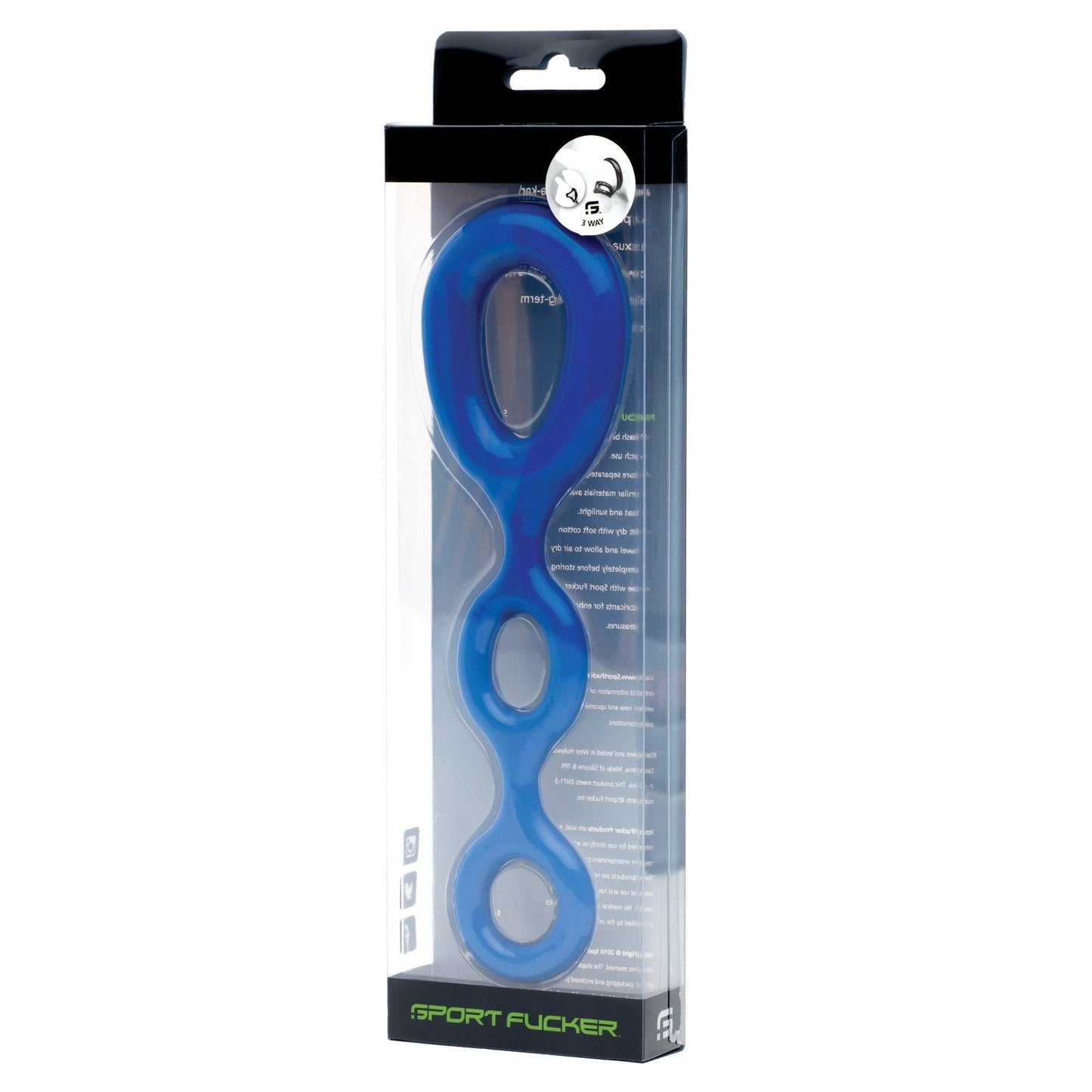 The Sport Fucker 3 Way is a blue rubber cock ring toy with multiple loops, packaged in a clear plastic box featuring the brand name Sport Fucker and text on the back.