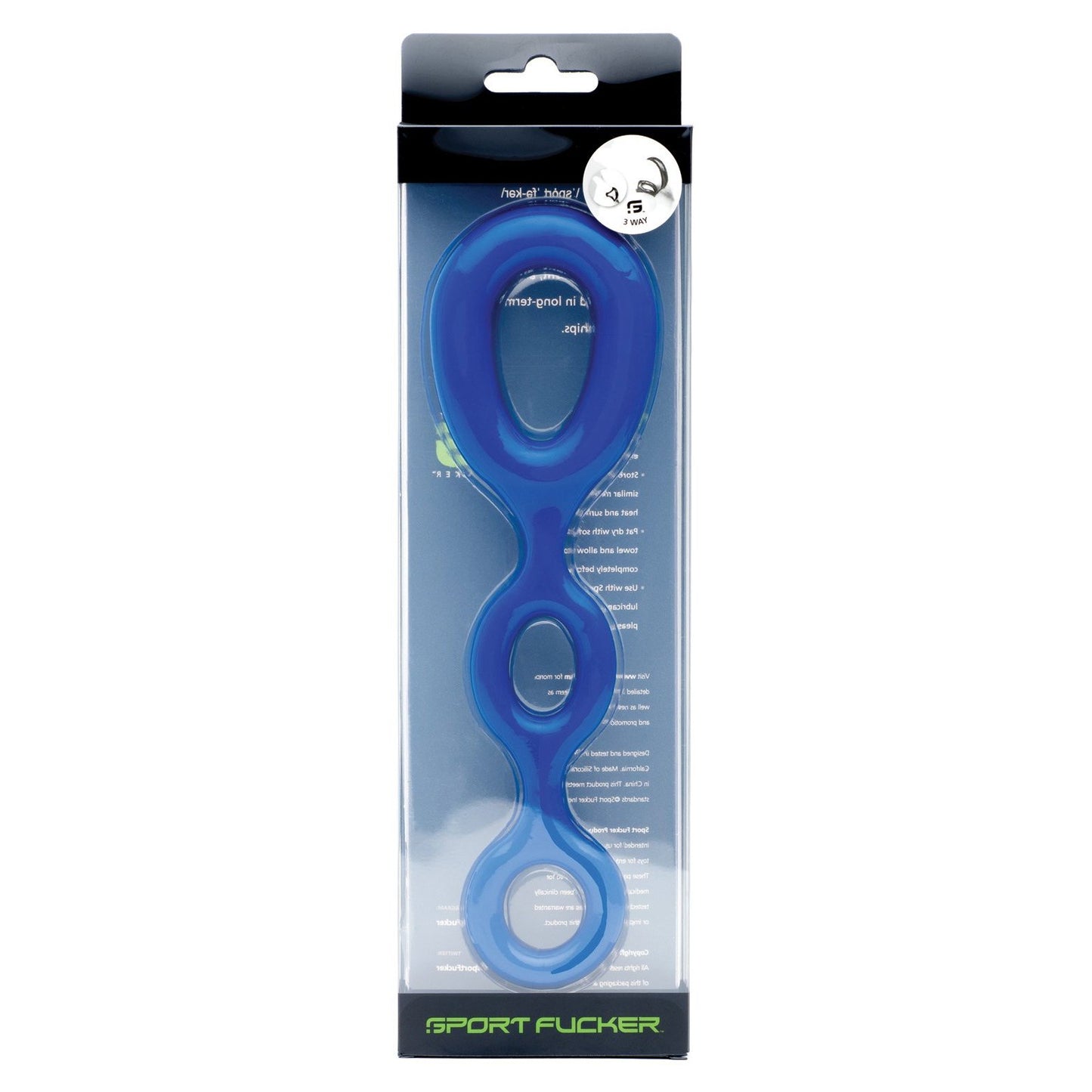 The packaging features the Sport Fucker 3 Way, a blue silicone loop with multiple rings in various sizes for versatile play. SPORT FUCKER appears boldly at the bottom against a neutral white background, highlighting its sleek design.