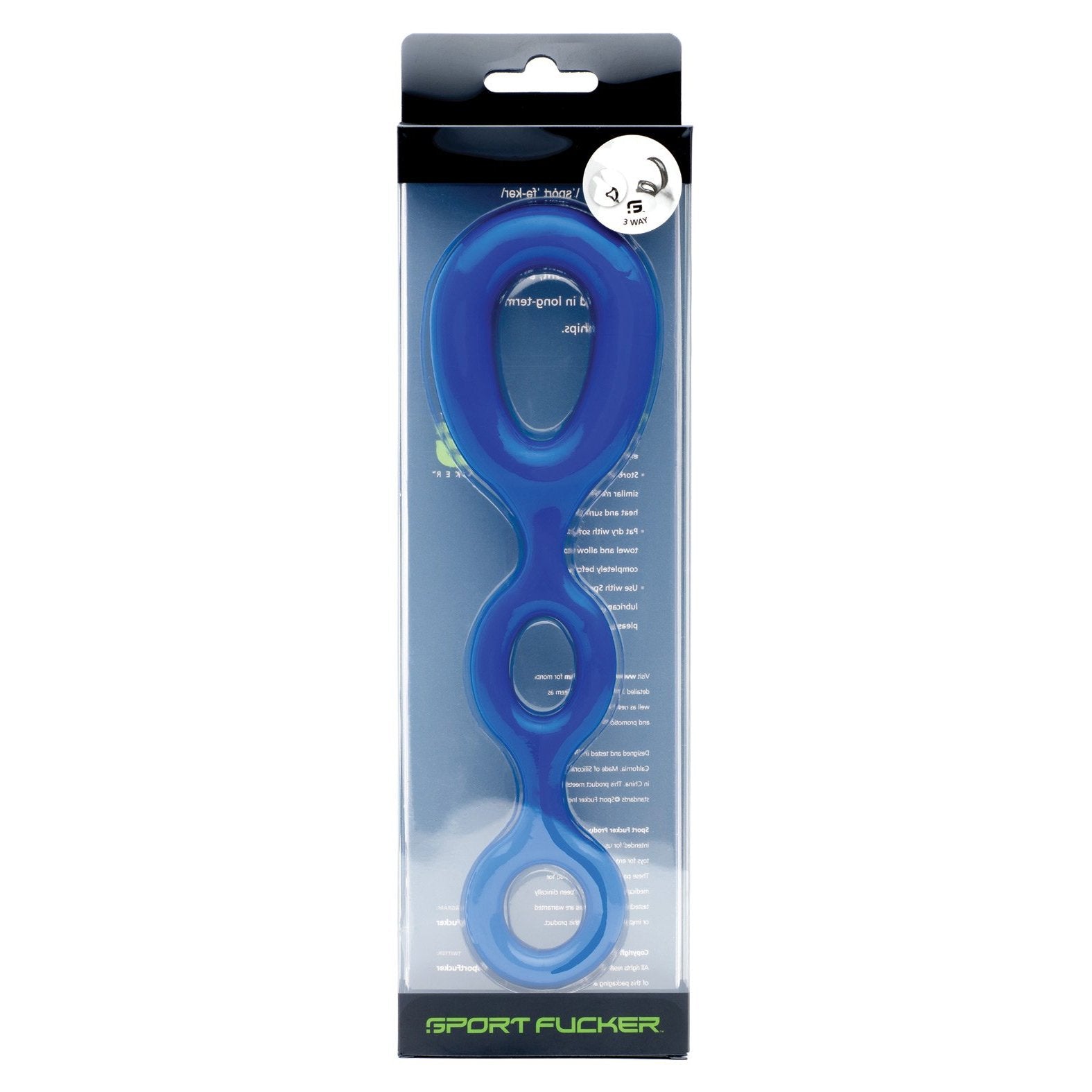 The packaging features the Sport Fucker 3 Way, a blue silicone loop with multiple rings in various sizes for versatile play. SPORT FUCKER appears boldly at the bottom against a neutral white background, highlighting its sleek design.