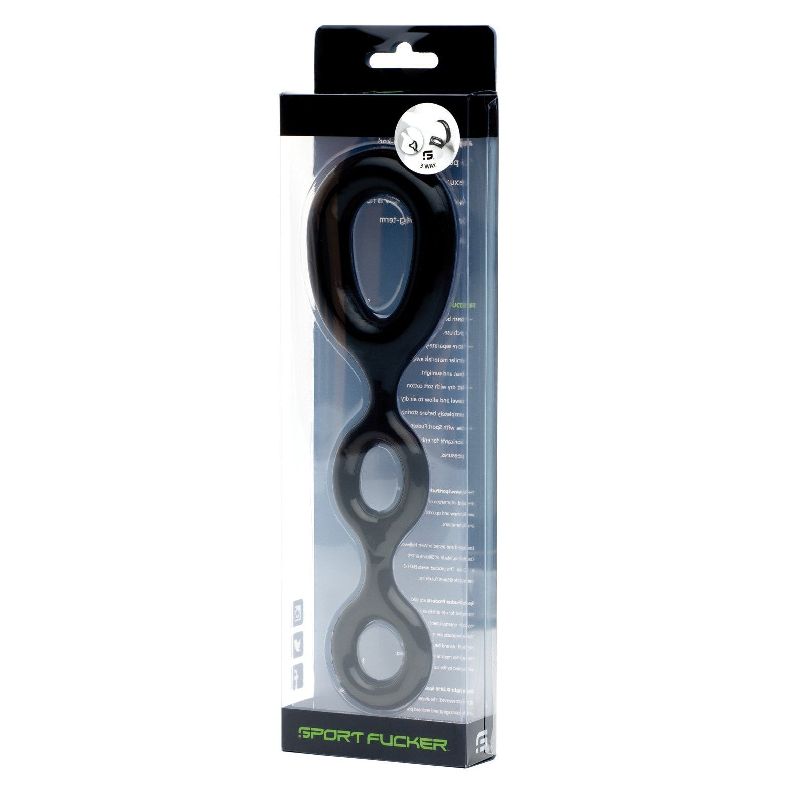 The image displays the Sport Fucker 3 Way, a black silicone looped cock ring by Sport Fucker, designed for adult use. It comes in transparent packaging that highlights the branding and product details.