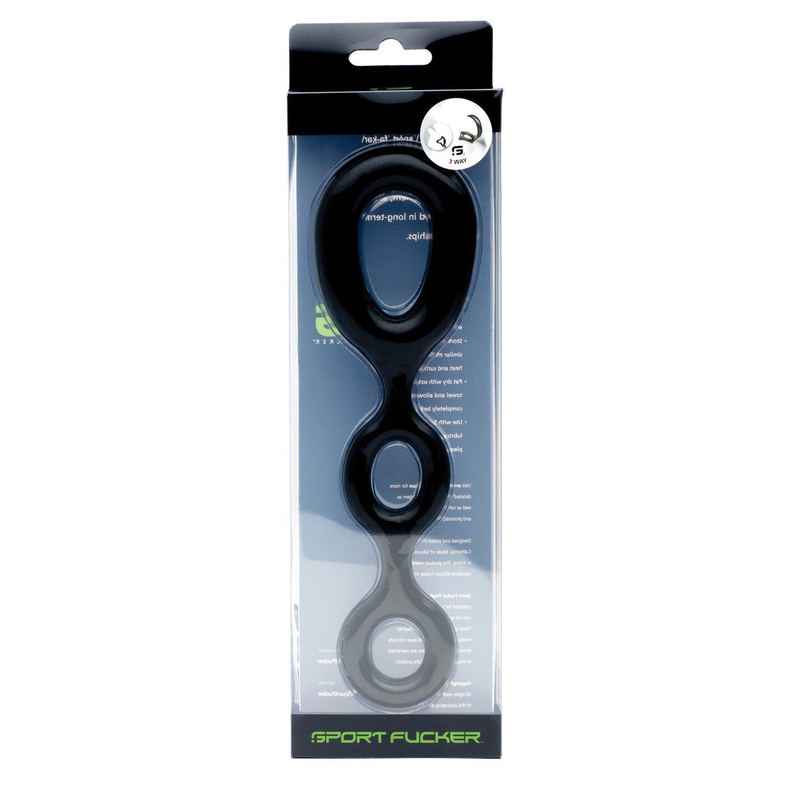 The Sport Fucker 3 Way packaging showcases a set of three black rubber rings in various sizes, with Sport Fucker and a nod to its 3-Way versatility elegantly labeled at the bottom.
