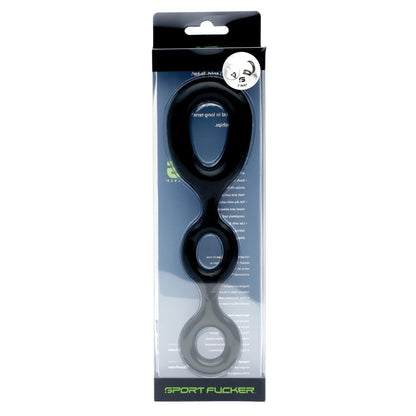The Sport Fucker 3 Way packaging showcases a set of three black rubber rings in various sizes, with Sport Fucker and a nod to its 3-Way versatility elegantly labeled at the bottom.
