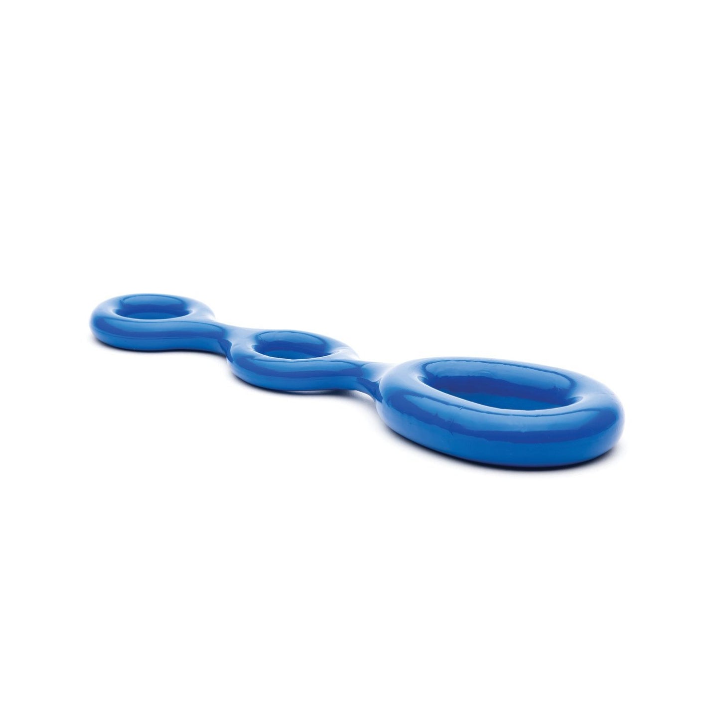 The Sport Fucker 3 Way by Sport Fucker is a glossy blue plastic object with three circular openings of varying sizes, curved elegantly and shown against a white background.
