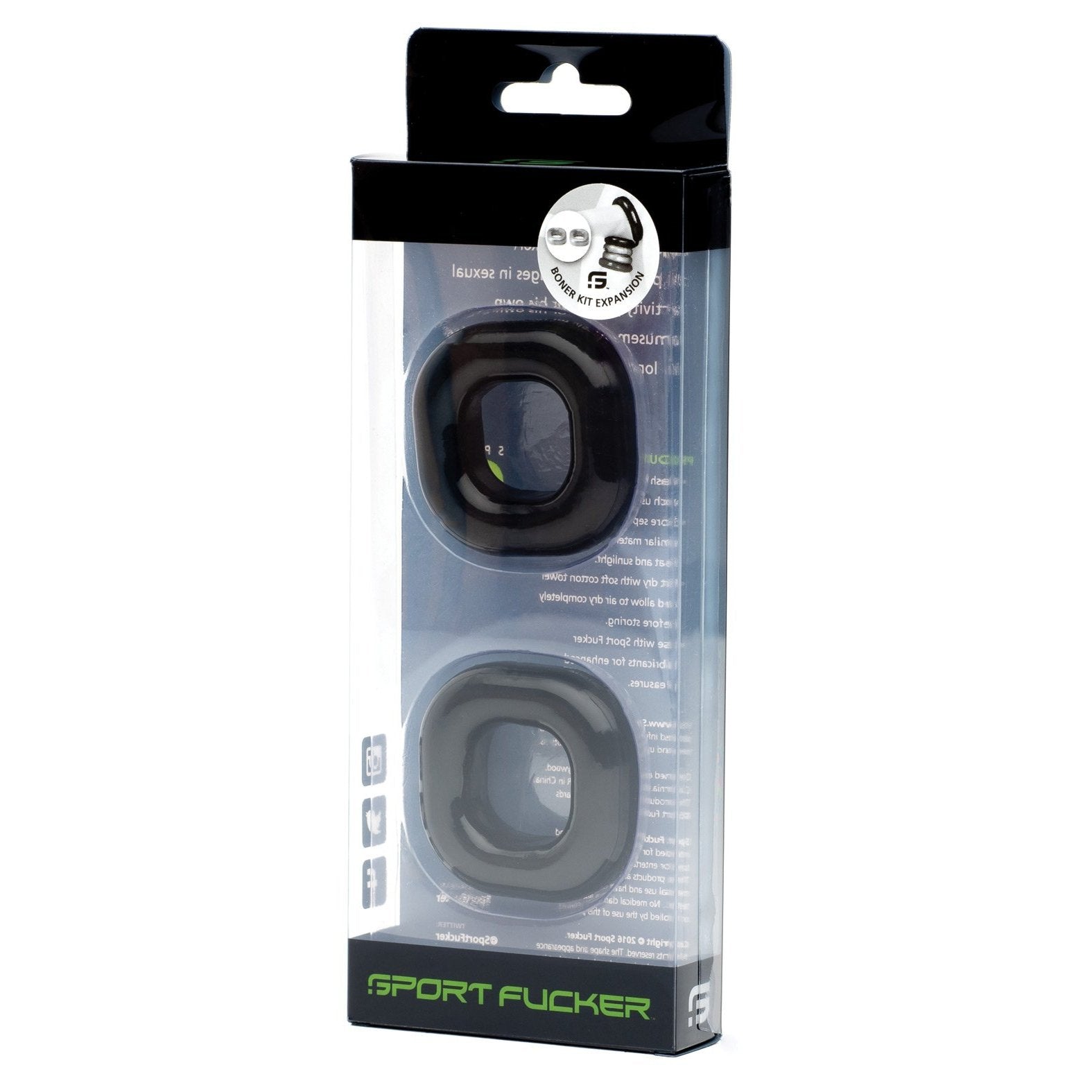 The image shows the Sport Fucker Boner Expansion Kit, featuring two stackable black silicone rings in clear packaging. Labeled Sport Fucker, these super stretchy c-rings and their icons are visible beside each other.