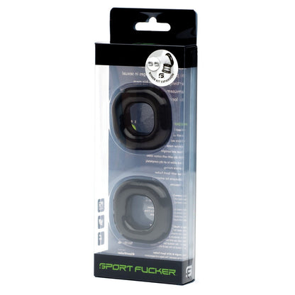 The image shows the Sport Fucker Boner Expansion Kit, featuring two stackable black silicone rings in clear packaging. Labeled Sport Fucker, these super stretchy c-rings and their icons are visible beside each other.