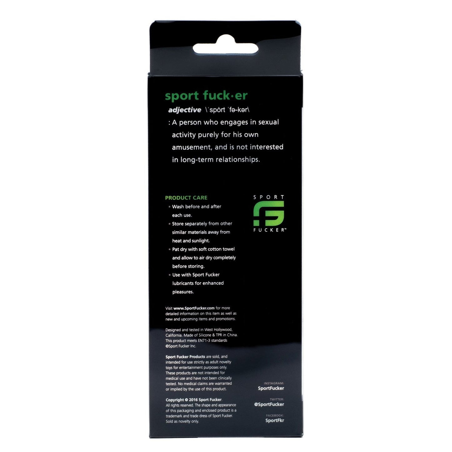 The image displays a stylish black rectangular package for the Sport Fucker Boner Expansion Kit, showcasing care instructions and brand details. Featuring white and green text on a dark background, it promotes the super stretchy c-rings included in the kit.