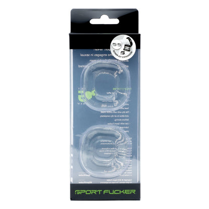 The Sport Fucker Boner Expansion Kit is packaged with two super stretchy c-rings. The prominent text and logo atop the box emphasize its innovative stackable TPR design.