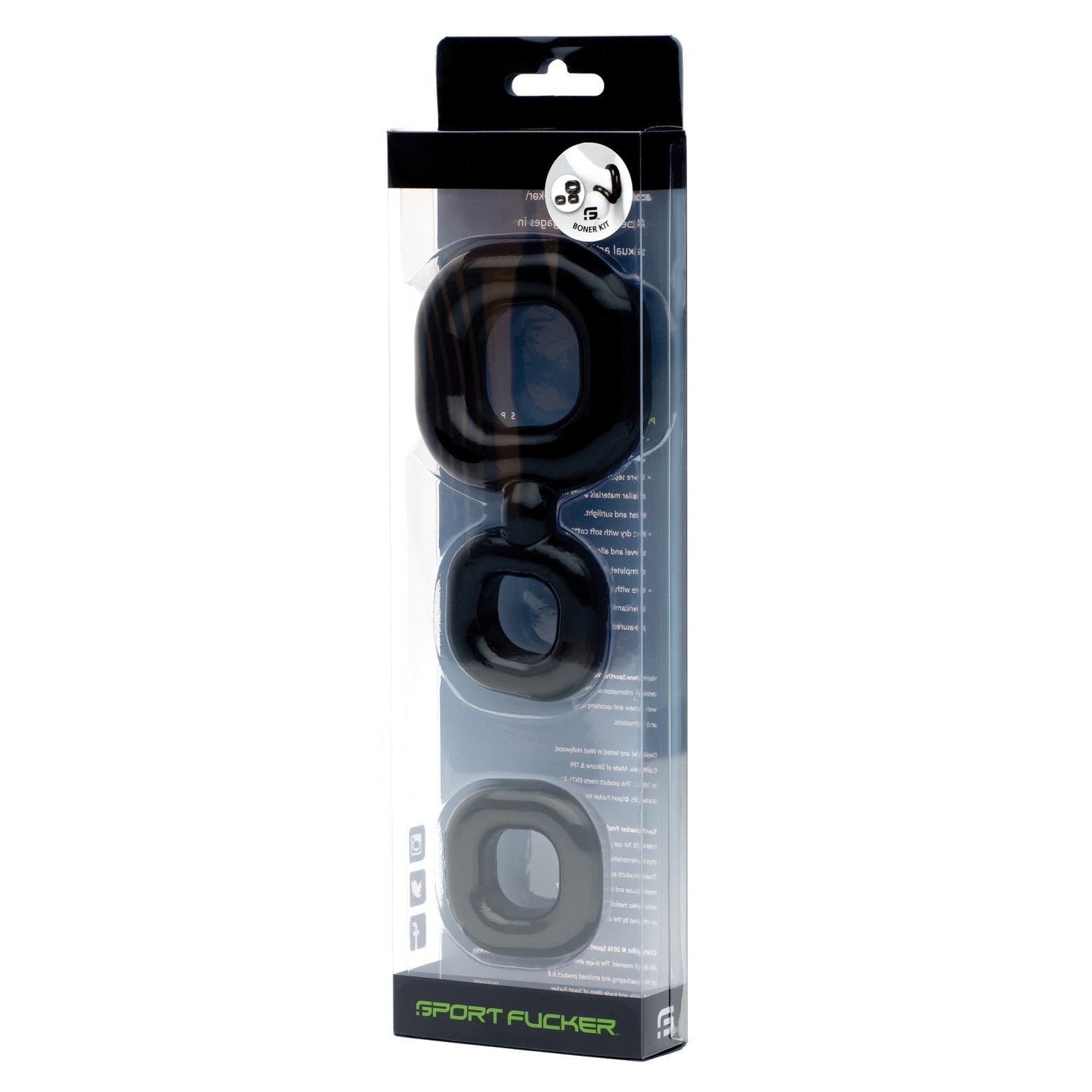 The image showcases a transparent package of the Sport Fucker Boner Kit, containing three black silicone c-rings in different sizes. The packaging features a sleek black and green design with descriptive text and a top hanging tab for easy display courtesy of Sport Fucker.