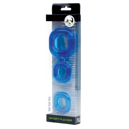 The Sport Fucker Boner Kit includes three blue silicone c-rings in a transparent plastic package, designed for ball stretching enthusiasts. Featuring the Sport Fucker logo, these varying-sized rings add a sporty elegance to your experience.