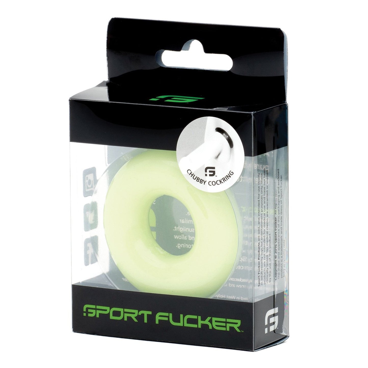 The Sport Fucker Chubby Cockring by Sport Fucker, made of TPR in light green, serves as a versatile cockring and ball stretcher. It is showcased in a clear plastic box with a hang tab for easy display.