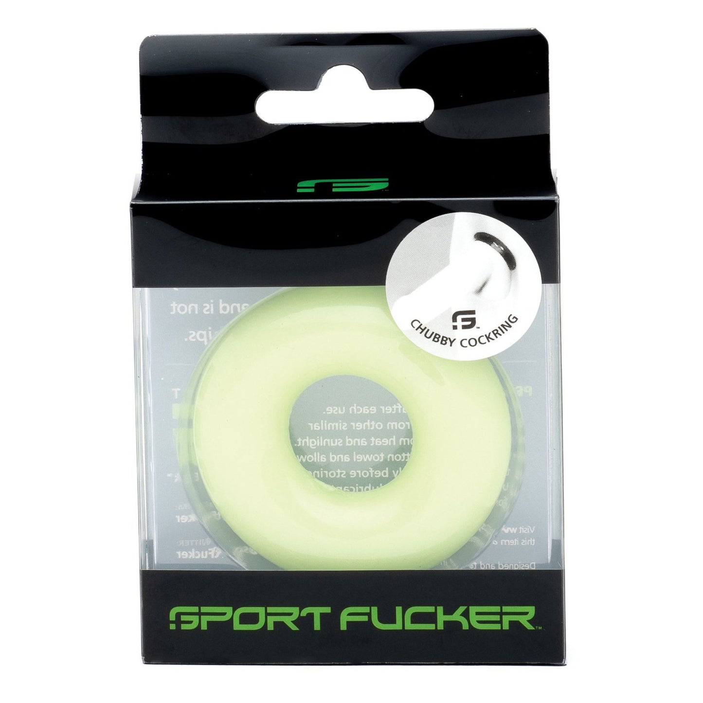 The light green silicone cock ring Sport Fucker Chubby Cockring by Sport Fucker is made of durable TPR. It comes in clear and black packaging with a visible logo.