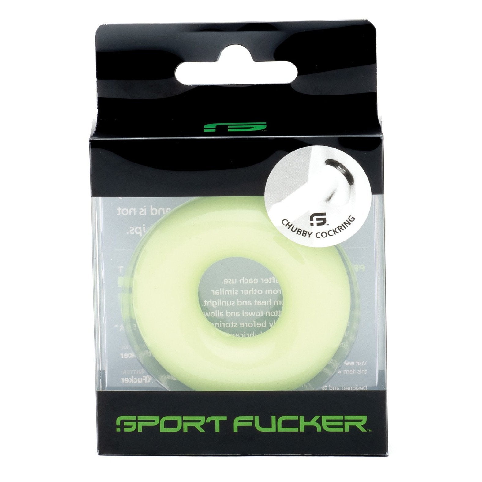 The light green silicone cock ring Sport Fucker Chubby Cockring by Sport Fucker is made of durable TPR. It comes in clear and black packaging with a visible logo.