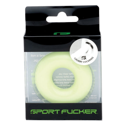 The light green silicone cock ring Sport Fucker Chubby Cockring by Sport Fucker is made of durable TPR. It comes in clear and black packaging with a visible logo.