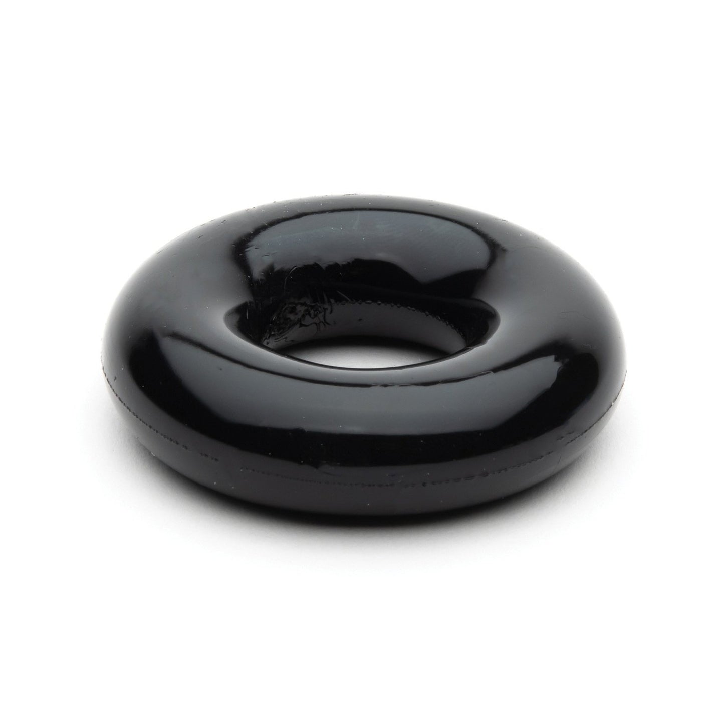 A glossy black donut-shaped object, resembling a Sport Fucker Chubby Cockring, features a smooth, reflective TPR material surface and is set against a plain white background.