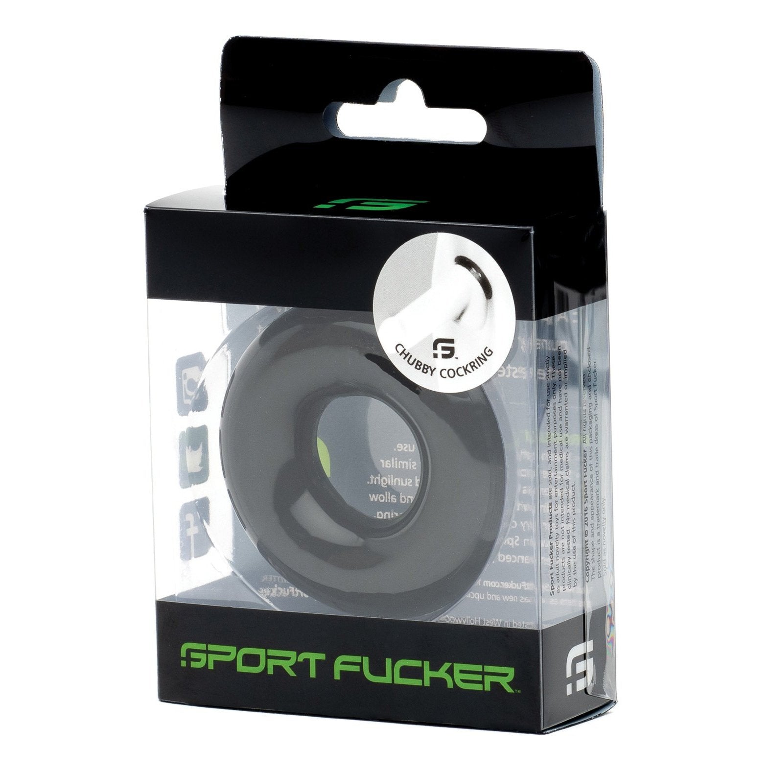 A black Sport Fucker Chubby Cockring made of TPR material is neatly displayed in a mostly dark package with a circular cut-out. The package is labeled Sport Fucker and features the text Chubby Cockring.