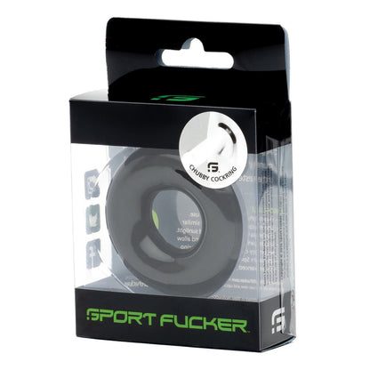 A black Sport Fucker Chubby Cockring made of TPR material is neatly displayed in a mostly dark package with a circular cut-out. The package is labeled Sport Fucker and features the text Chubby Cockring.