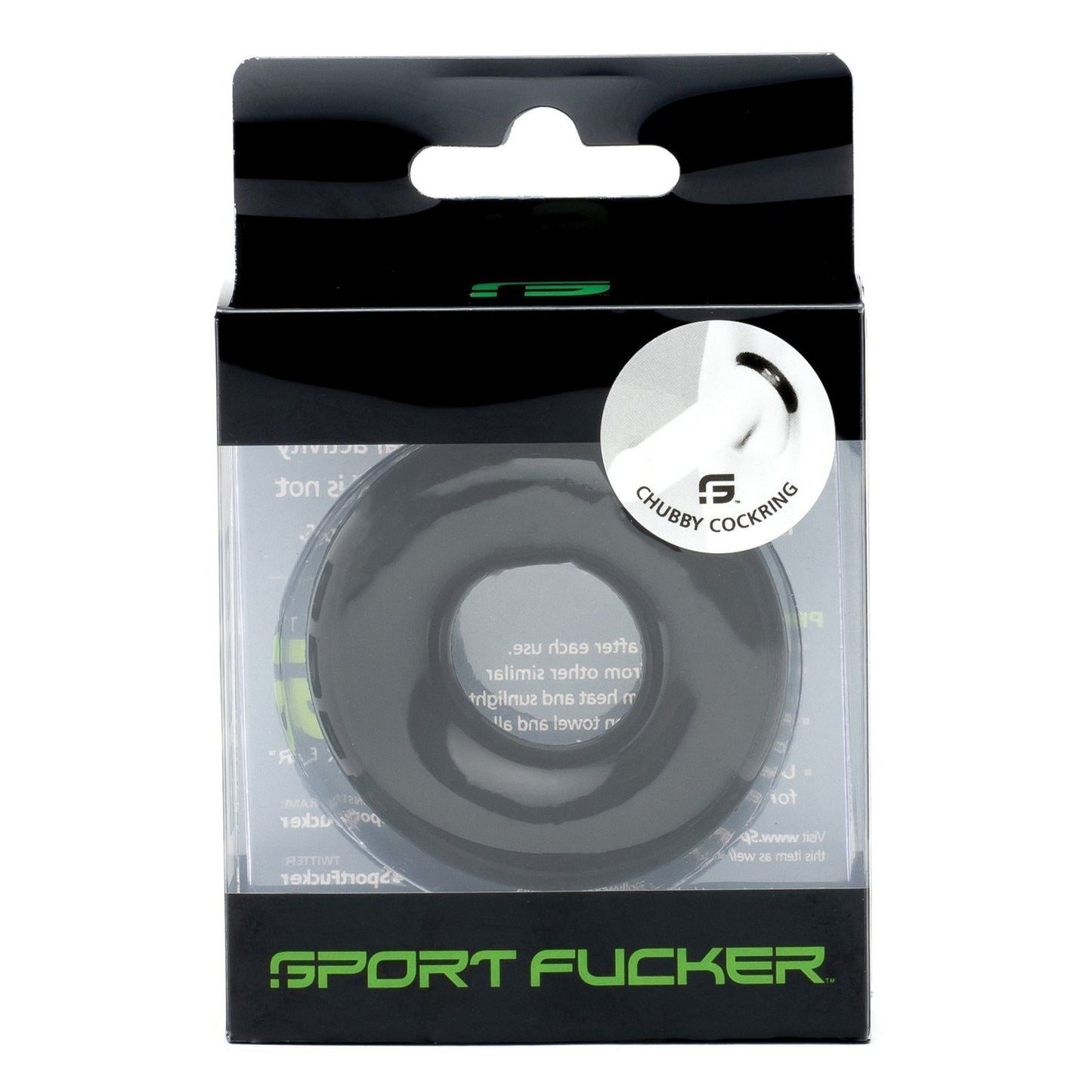 The image shows the Sport Fucker Chubby Cockring packaging, predominantly black with a clear window exposing the TPR product. A small circular sticker highlights the cockring and its ball stretcher function.