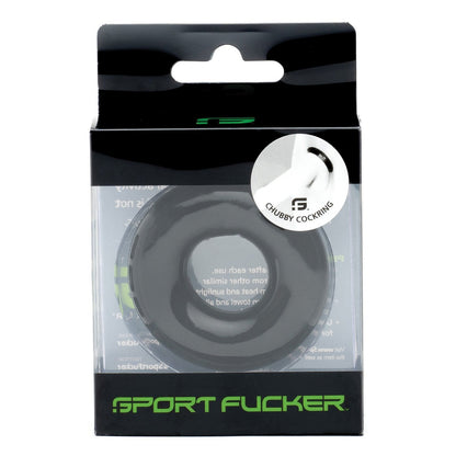 The image shows the Sport Fucker Chubby Cockring packaging, predominantly black with a clear window exposing the TPR product. A small circular sticker highlights the cockring and its ball stretcher function.