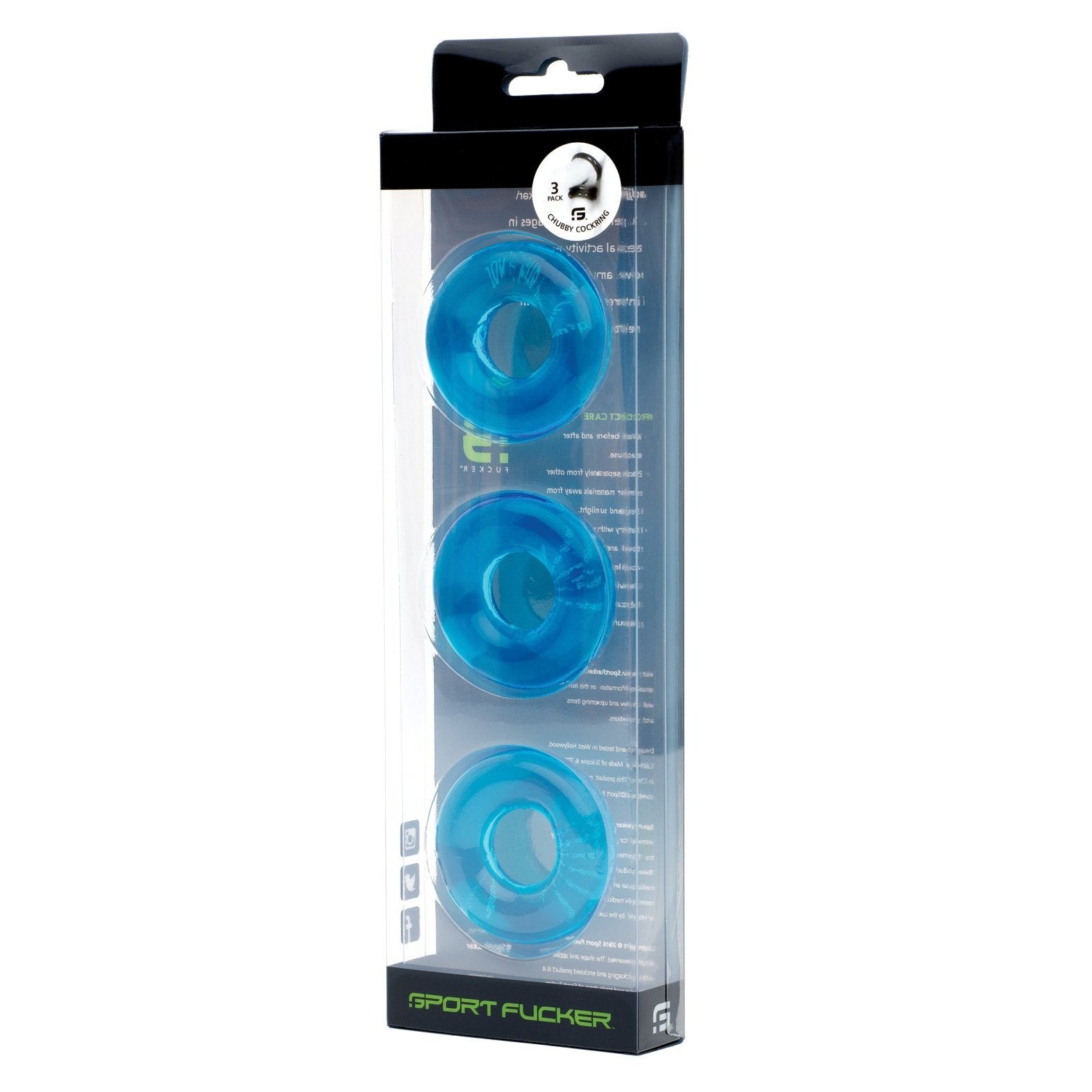 The transparent package, labeled Sport Fucker, features three blue silicone rings resembling those from the Sport Fucker Chubby Cockring Pack of 3. They are stacked vertically with black top and bottom sections against a white backdrop, offering a sleek, enhanced design.