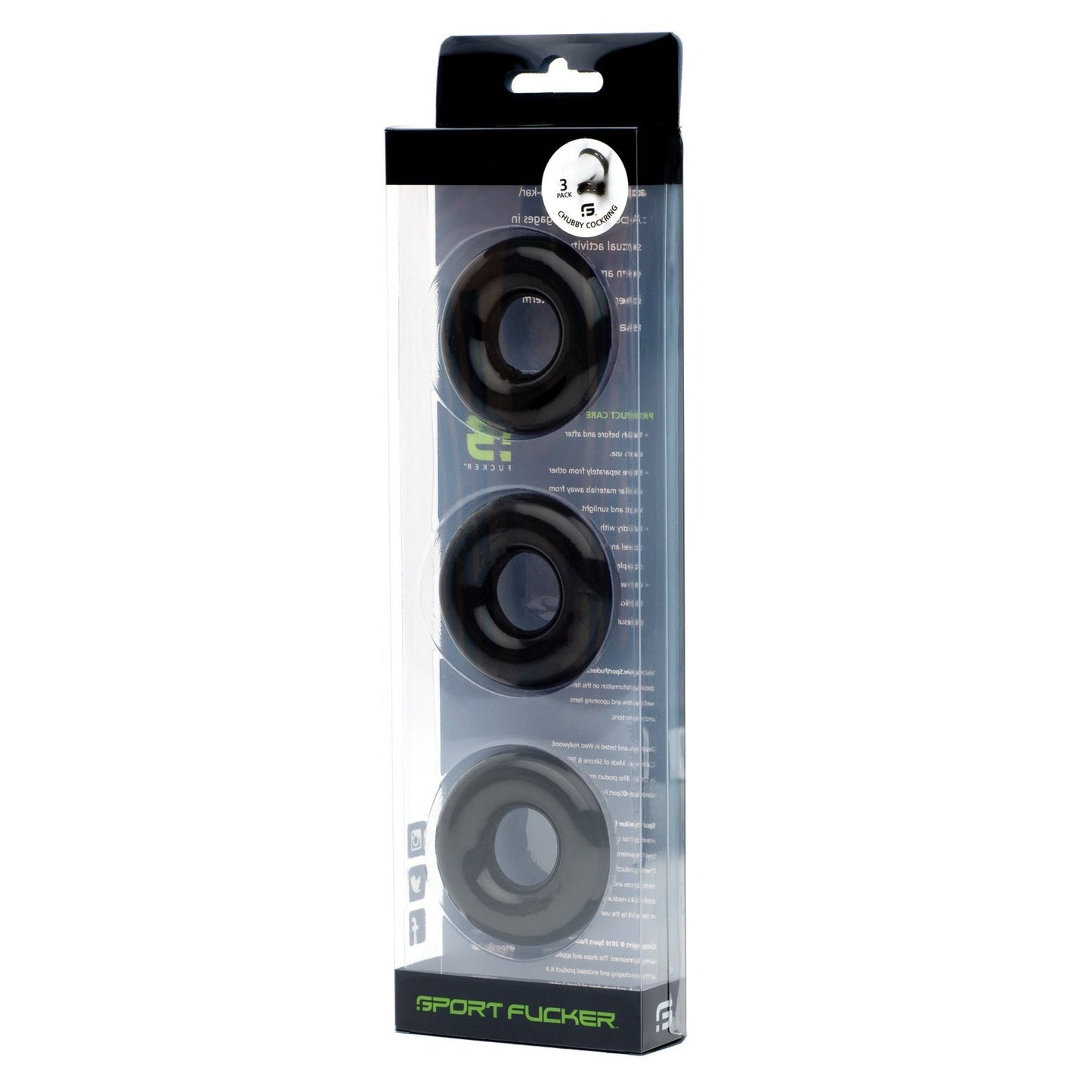 The Sport Fucker Chubby Cockring Pack of 3 features black silicone rings in clear packaging with the brands green and white text. The rings are displayed vertically, highlighting their TPR stretch for an enhanced appearance.