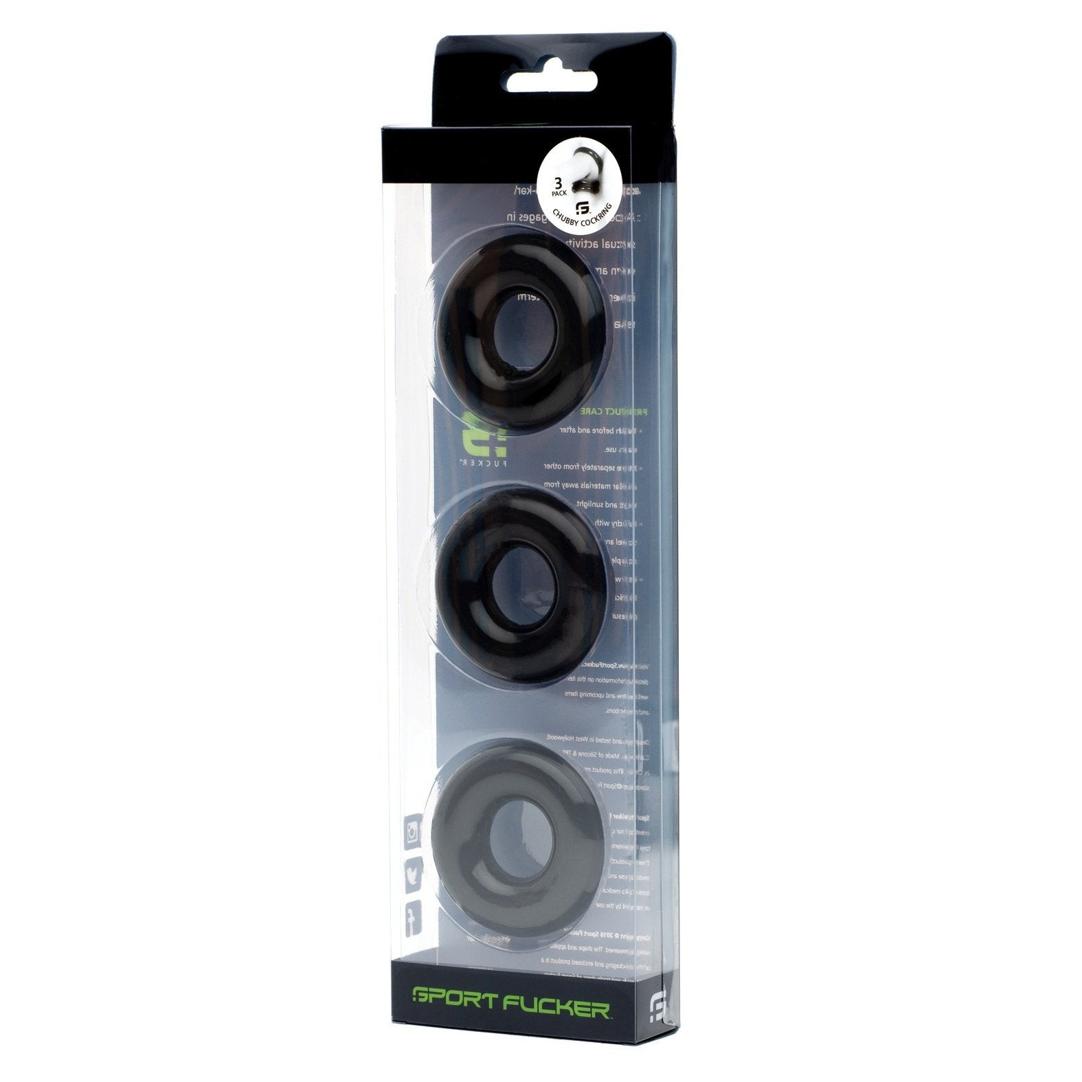 The Sport Fucker Chubby Cockring Pack of 3 features black silicone rings in clear packaging with the brands green and white text. The rings are displayed vertically, highlighting their TPR stretch for an enhanced appearance.