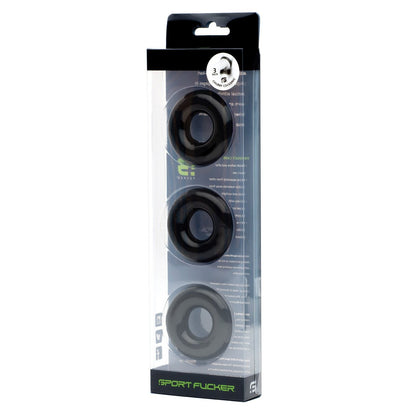 The Sport Fucker Chubby Cockring Pack of 3 features black silicone rings in clear packaging with the brands green and white text. The rings are displayed vertically, highlighting their TPR stretch for an enhanced appearance.