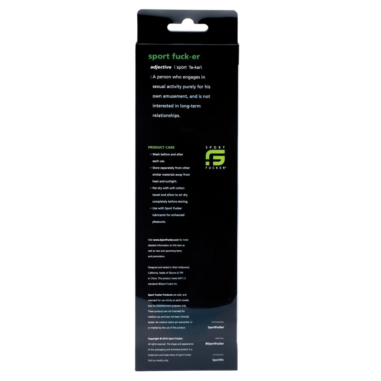 The Sport Fucker Chubby Cockring Pack of 3 has a stylish box with a sleek black design and vivid white and green text. Care instructions are included for maintaining its TPR stretches, ensuring both durability and comfort.