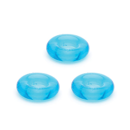 A pack of three translucent blue Sport Fucker Chubby Cockrings is arranged in a triangle on a white background.