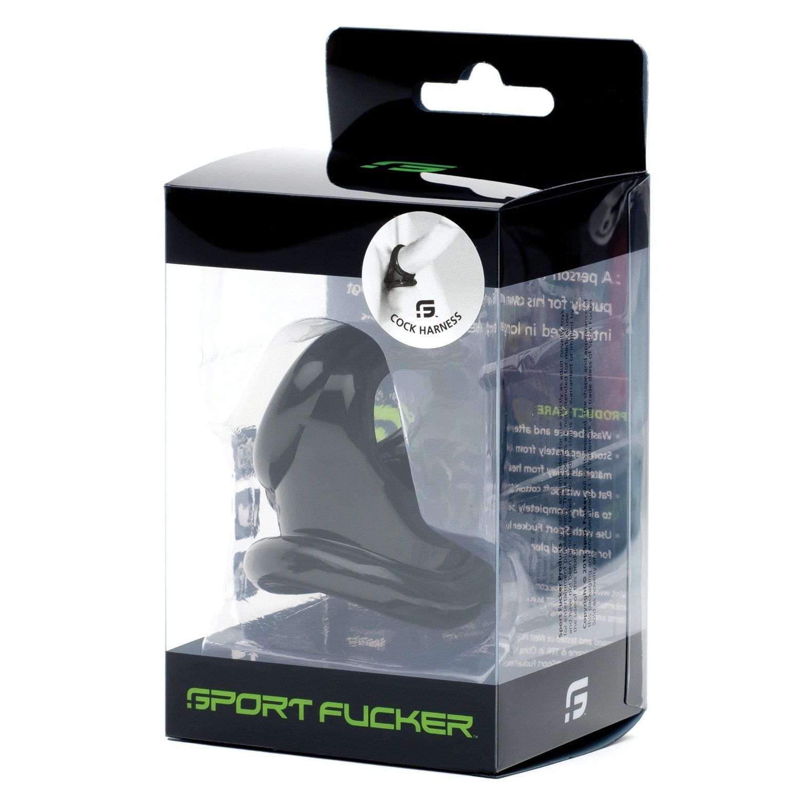 A black silicone Sport Fucker Cock Harness and ball stretcher in clear packaging with bold Sport Fucker branding displays a product image and details, made from durable TPR material.