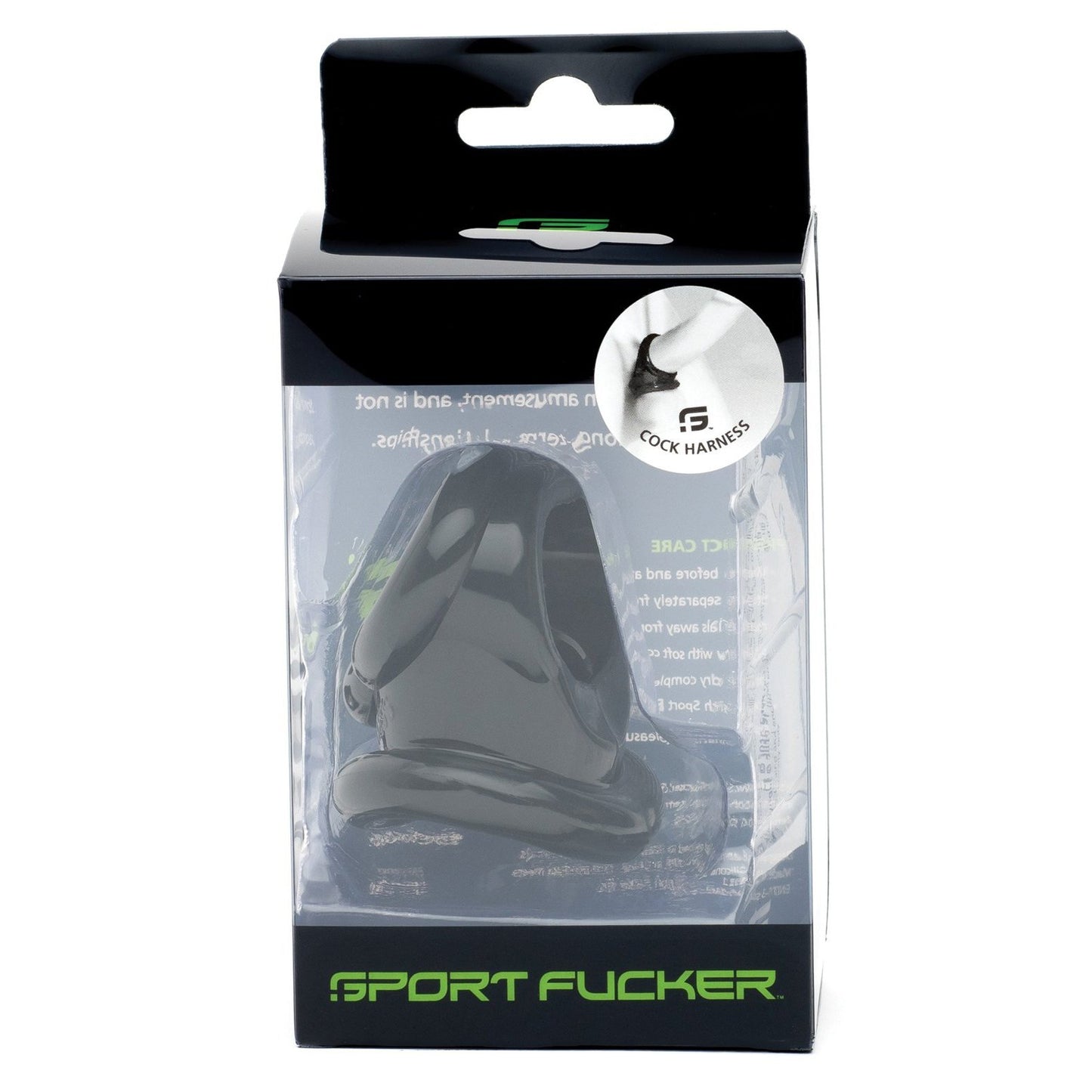 The Sport Fucker Cock Harness, crafted from premium black TPR material, is elegantly showcased in a transparent box under the bold label Sport Fucker.