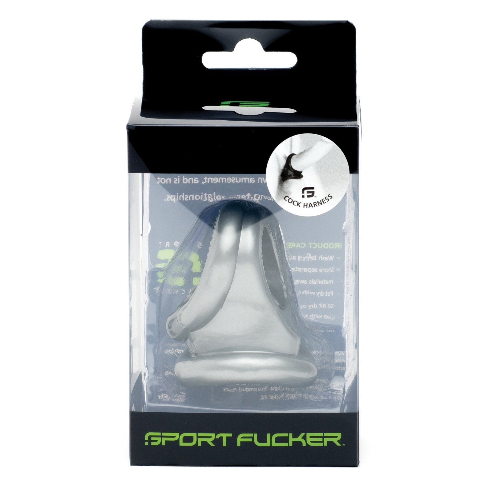The image features a Sport Fucker Cock Harness in its packaging, highlighting a transparent silicone cock harness. The package is mainly black with green text and includes a small circular image of the TPR material harness in the top right corner.