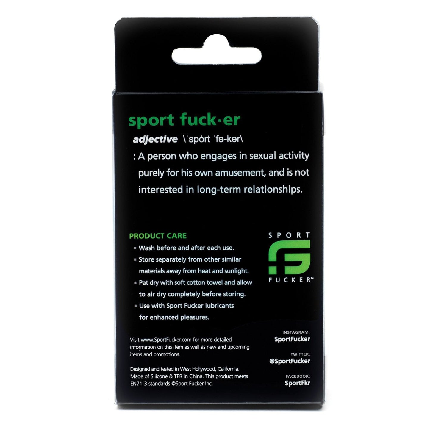 The image features packaging for the Sport Fucker Cock Plug by Sport Fucker, made from medical-grade silicone. It defines the term as a casual sex participant, includes care instructions and social media links, and boasts a sleek design with black background and green accents.