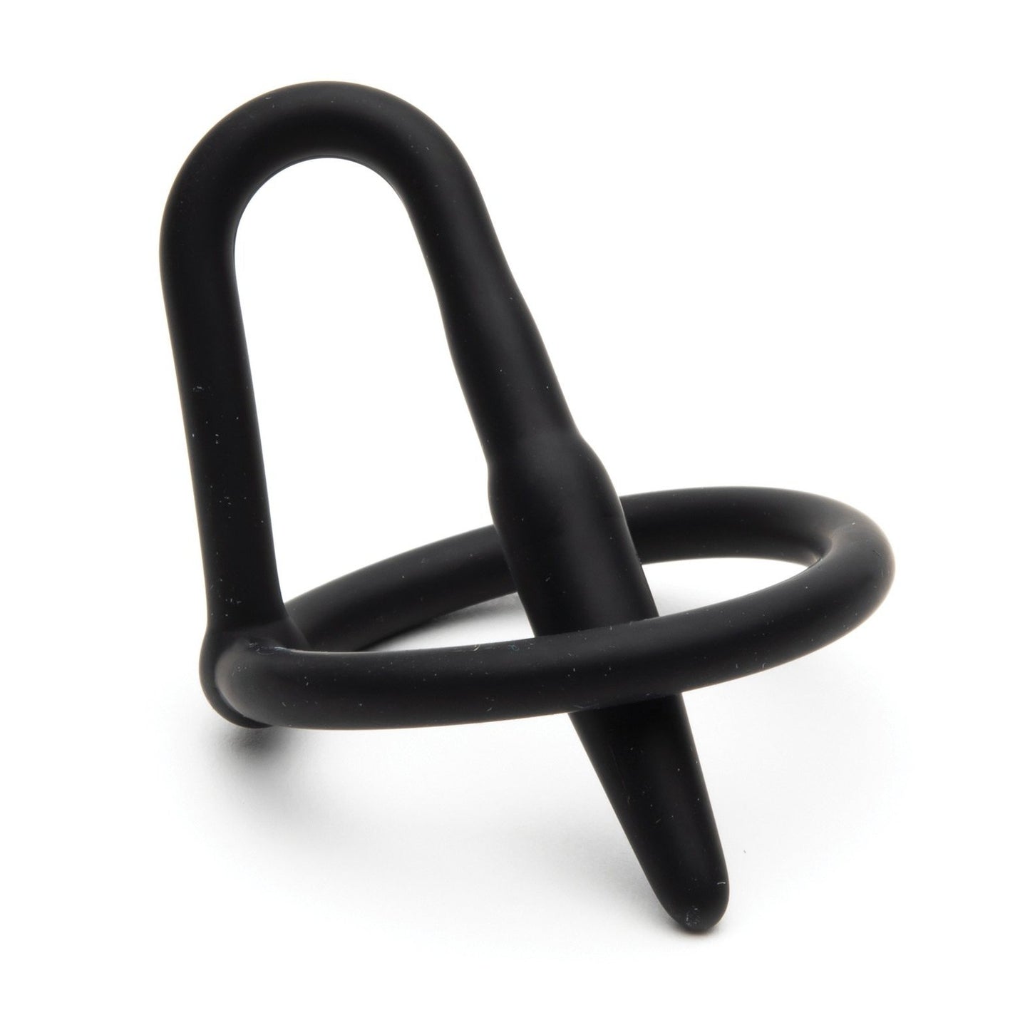 The Sport Fucker Cock Plug by Sport Fucker is a black, flexible object made from medical-grade silicone, with a loop and cylindrical protrusion resembling modern abstract sculpture.