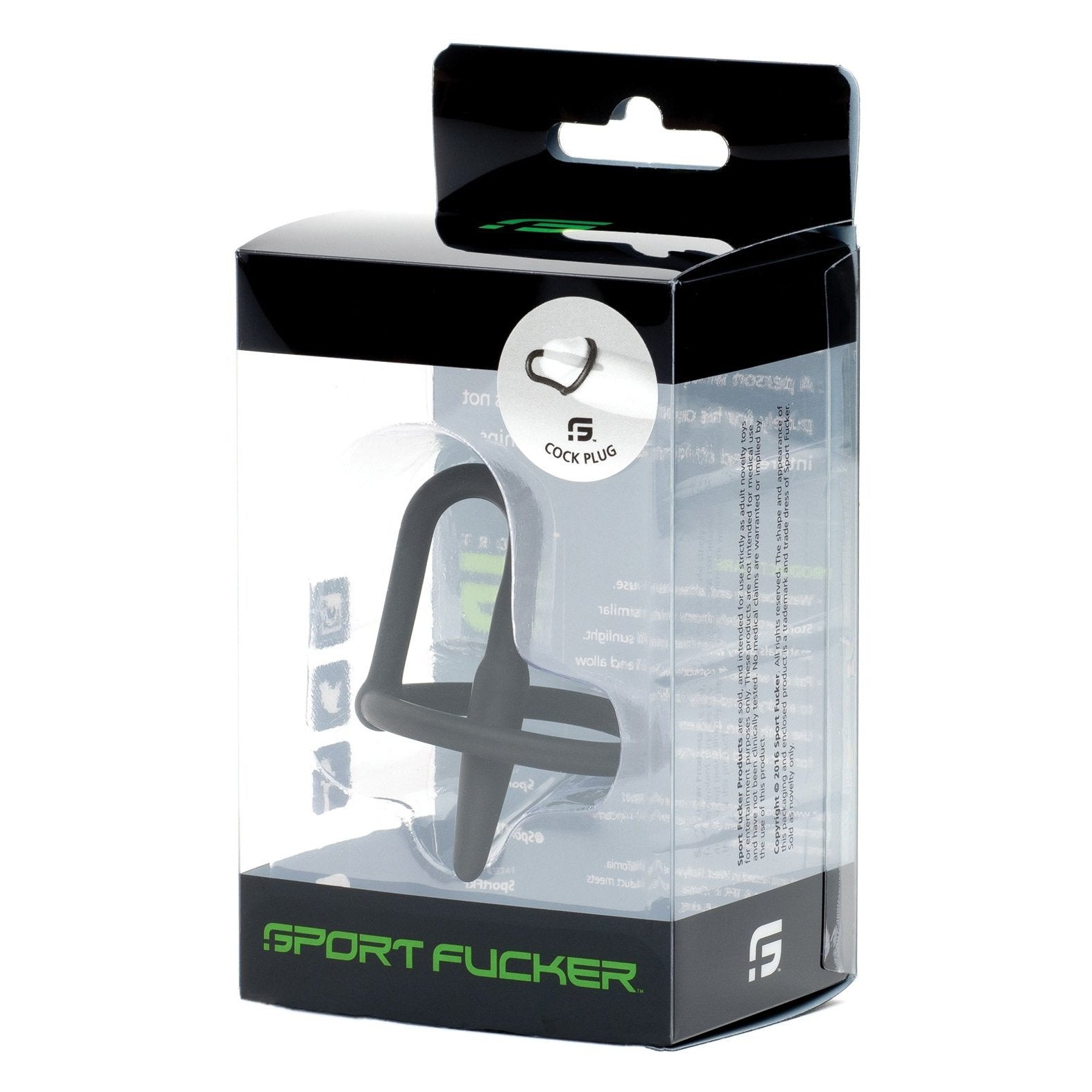 The image showcases the boxed sex toy Sport Fucker Cock Plug by Sport Fucker, featuring medical-grade silicone and sleek black and green transparent packaging.