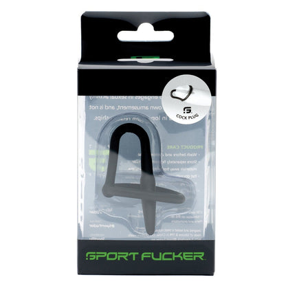 The image shows the Sport Fucker Cock Plug from Sport Fucker, made of medical-grade silicone and visible through a clear plastic cover. The package features text and a unique logo.