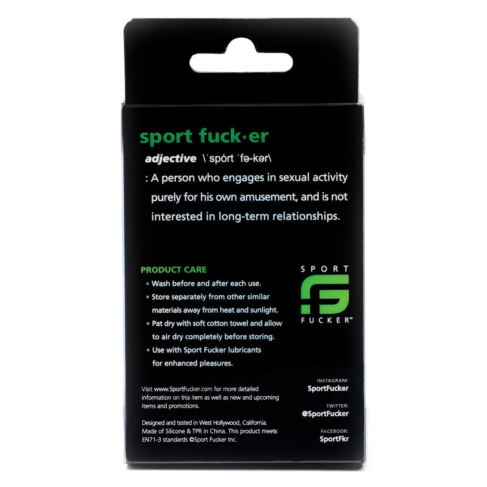 The image shows a black box for the Sport Fucker Cum Plug Kit, featuring a playful brand name definition and care instructions. Made from medical-grade silicone, the packaging also includes social media handles and emphasizes the brands California heritage.