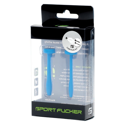 The transparent packaging of the Sport Fucker Cum Plug Kit reveals a blue butt plug duo crafted from medical-grade silicone. The ergonomic design, vibrant color, and Stuff It GUN PLUG KIT icon ensure safety and satisfaction.